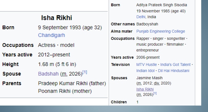 Rapper Badshah and Isha Rikhi Wikipedia update